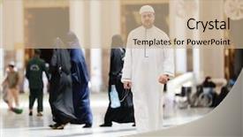  Presentation with mosque - Amazing PPT theme having muslim walking in medina mosque backdrop and a coral colored foreground