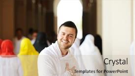  Presentation with hajj - Beautiful theme featuring muslim wearing ihram clothes and ready for hajj at miqat backdrop and a soft green colored foreground