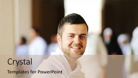  Presentation with hajj - Amazing slide deck having muslim wearing ihram clothes and ready for hajj at miqat backdrop and a coral colored foreground