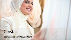  Presentation with islamic muslim - Theme featuring girl in gloves holding cup of tea white snowy background background and a ocean colored foreground