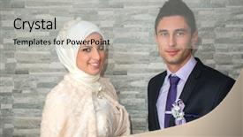  Presentation with wedding muslim couple - PPT theme with muslim wedding - just married islamic couple posing background and a light gray colored foreground