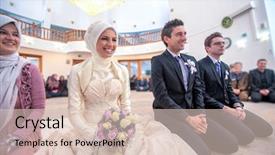  Presentation with marrying - Presentation theme with muslim wedding - smiling islamic bride and groom background and a lemonade colored foreground