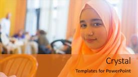  Presentation with woman muslim - Beautiful presentation theme featuring muslim woman at restaurant waiting backdrop and a gold colored foreground