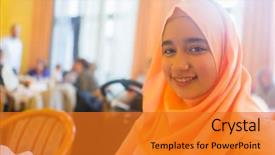  Presentation with woman muslim - Colorful slides enhanced with muslim woman at restaurant waiting backdrop and a gold colored foreground