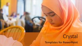  Presentation with mexican restaurant food tacos - Audience pleasing presentation theme consisting of muslim woman at restaurant waiting backdrop and a gold colored foreground