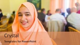  Presentation with waiting - Presentation theme consisting of muslim woman at restaurant waiting background and a coral colored foreground