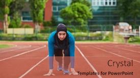  Presentation with sporty - Presentation theme having muslim-woman-in-burqa background and a coral colored foreground