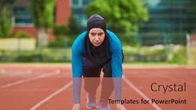  Presentation with sporty - Presentation theme enhanced with muslim-woman-in-burqa background and a coral colored foreground