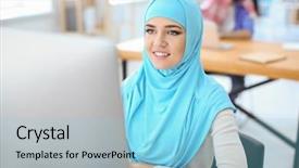  Presentation with islam anak muslim - Audience pleasing PPT theme consisting of muslim woman in traditional clothes backdrop and a light blue colored foreground