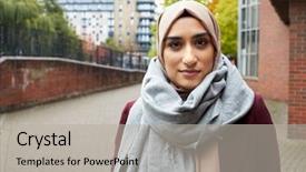  Presentation with woman muslim - Presentation theme consisting of muslim woman in urban environment background and a light gray colored foreground
