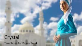  Presentation with woman muslim - Colorful presentation theme enhanced with muslim woman on white mosque backdrop and a light gray colored foreground