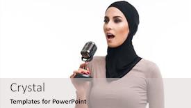  Presentation with woman muslim - Slide deck consisting of muslim-woman-singing-with-microphone background and a  colored foreground