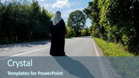  Presentation with woman muslim - Slides with muslim woman standing in street background and a ocean colored foreground