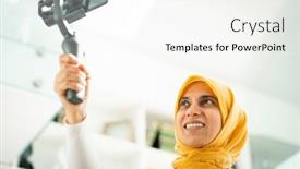  Presentation with online streaming - Slide set enhanced with muslim-woman-streaming-video-content background and a white colored foreground