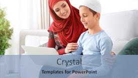  Presentation with woman muslim - Slides consisting of muslim woman using laptop with her son at home background and a light blue colored foreground