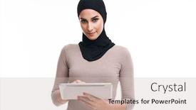  Presentation with woman muslim - Colorful PPT theme enhanced with muslim-woman-using-tablet-over backdrop and a soft green colored foreground