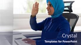  Presentation with virtual technology - Amazing presentation theme having muslim-woman-using-technology backdrop and a navy blue colored foreground