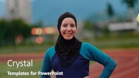  Presentation with islamic - Slide deck consisting of muslim-woman-with-a-burqa background and a navy blue colored foreground