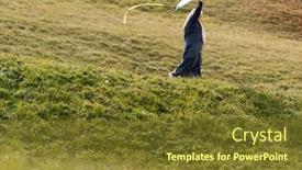  Presentation with woman muslim - Audience pleasing slide deck consisting of muslim woman with balloons on grass green meadow backdrop and a tawny brown colored foreground