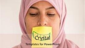  Presentation with arabian woman wearing hijab muslim - Slide set consisting of fake emotion on paper smiley background and a lemonade colored foreground