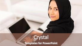  Presentation with woman muslim - Cool new presentation theme with muslim woman with laptop computer backdrop and a tawny brown colored foreground