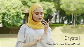  Presentation with muslim women - Colorful PPT layouts enhanced with muslim-women-received-scam-call backdrop and a soft green colored foreground