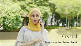 Presentation with scam - Slides having muslim-women-received-scam-call background and a soft green colored foreground