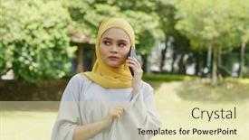  Presentation with scam - Audience pleasing theme consisting of muslim-women-received-scam-call backdrop and a soft green colored foreground
