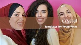  Presentation with muslim women - Amazing PPT theme having muslim-women-taking-selfie backdrop and a tawny brown colored foreground