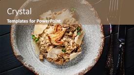  Presentation with red - Beautiful slide deck featuring musroom-risotto-wiht-parmesan backdrop and a coral colored foreground