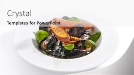  Presentation with marine - Presentation design enhanced with mussel in white wine sauce closeup seafood with crunchy baguette slices in plate marine food with roasted bread and basil leaves meal ingredients french dish isolated on white background background and a white colored foreground