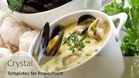  Presentation with saffron - Beautiful PPT theme featuring mussel soup with saffron and cream sauce backdrop and a coral colored foreground