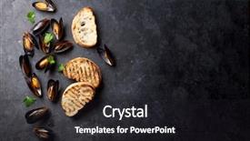  Presentation with bread - Cool new presentation theme with mussels and bread toasts on stone table top view with copy space backdrop and a dark gray colored foreground