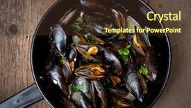  Presentation with sauce - Beautiful slide deck featuring mussels cooked with white wine sauce backdrop and a tawny brown colored foreground