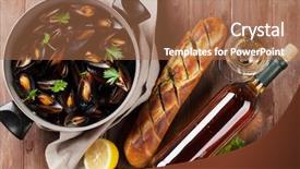  Presentation with copper - Colorful slides enhanced with mussels in copper and white wine on wooden table top view backdrop and a coral colored foreground