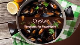 Presentation with copper - Theme enhanced with mussels in copper on wooden background and a wine colored foreground