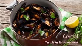  Presentation with copper - Amazing presentation theme having mussels in copper on wooden backdrop and a wine colored foreground