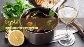  Presentation with copper - Slide deck featuring mussels in copper pot and white wine on stone table background and a tawny brown colored foreground
