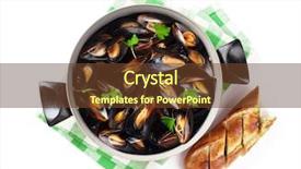  Presentation with copper - Colorful theme enhanced with mussels in copper pot and bread isolated on white background top view backdrop and a tawny brown colored foreground