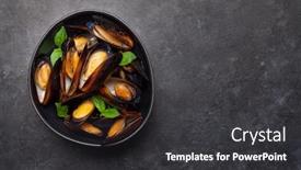  Presentation with leaves flat lay - PPT theme having mussels-in-tomato-sauce background and a dark gray colored foreground