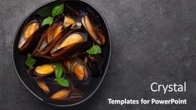  Presentation with leaves flat lay - Theme enhanced with mussels-in-tomato-sauce background and a dark gray colored foreground