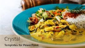  Presentation with curry - Amazing presentation design having mussels with curry sauce rice and salad backdrop and a gold colored foreground
