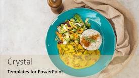  Presentation with curry - PPT theme consisting of mussels with curry sauce rice and salad background and a coral colored foreground