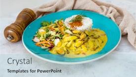  Presentation with curry - Amazing PPT theme having mussels with curry sauce rice and salad backdrop and a light blue colored foreground