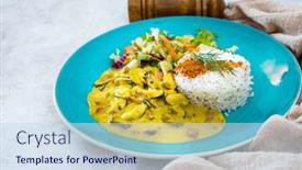  Presentation with curry - Slides consisting of mussels with curry sauce rice and salad background and a sky blue colored foreground