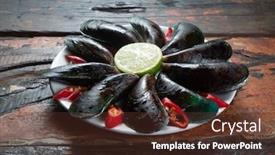  Presentation with red chilli - Presentation theme consisting of mussels with lime and red chilli isolated on rustic wooden table background and a tawny brown colored foreground