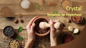  Presentation with mortar - PPT theme enhanced with mustard seeds - female hands grinding spices background and a coral colored foreground