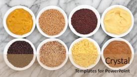  Presentation with mustard seed - Slides consisting of mustard selection of powder seed french dijon english and wholegrain in white porcelain bowls over marble background background and a coral colored foreground