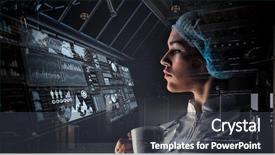  Presentation with portrait of excited overjoyed female - PPT layouts enhanced with mutation - portrait of female doctor background and a dark gray colored foreground