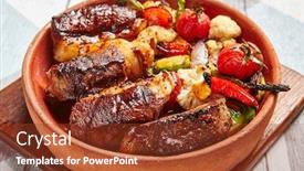  Presentation with main course - Audience pleasing presentation design consisting of mutton-baked-with-vegetables-lamb backdrop and a tawny brown colored foreground